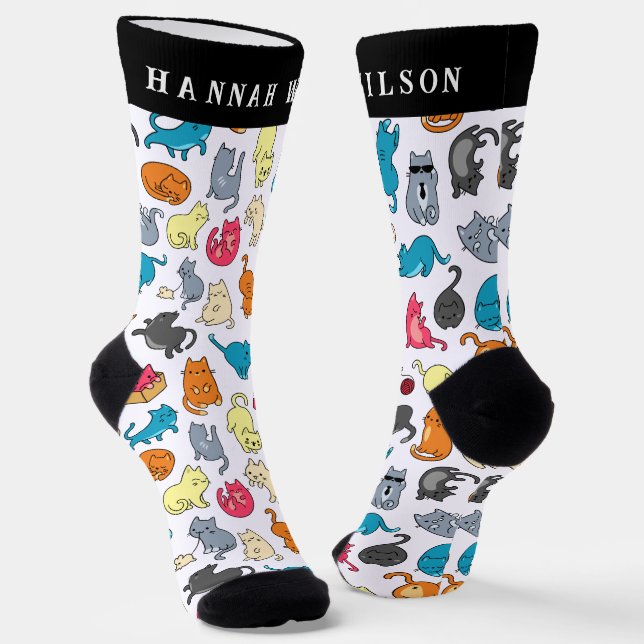 Chaussette Motif de chats caricaturés | Monogramme (Angulaire)