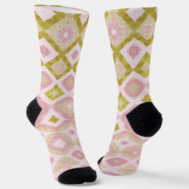 Chaussette Motif de diamant géométrique en rose et vert olive (Angulaire)