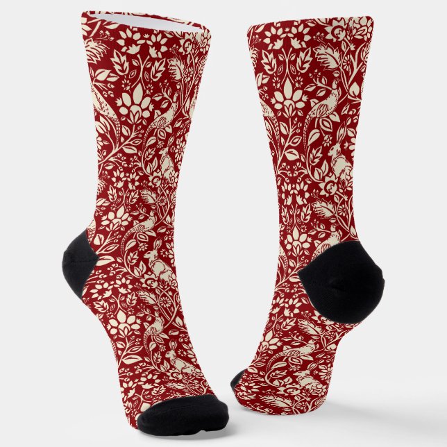 Chaussette Motif de faisan et lièvre, rouge profond et crème (Angulaire)