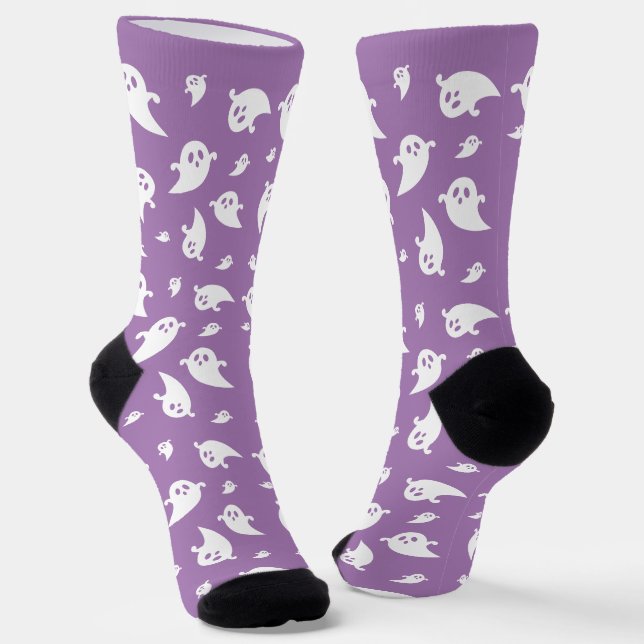 Chaussette Motif de fantôme blanc sur Halloween mignon violet (Angulaire)