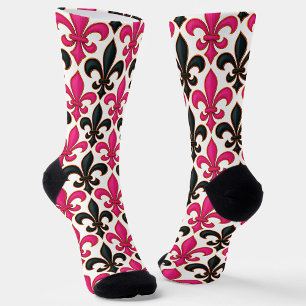 Chaussette Motif de fleur de lis baroque noir rose Design