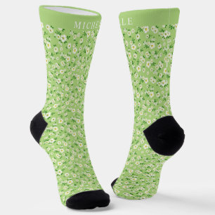 Chaussette Motif de fleurs blanches en vert sur mesure
