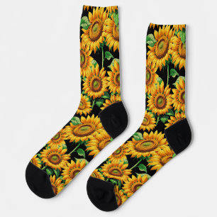 Chaussette Motif de fleurs de tournesol noir