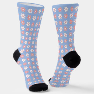 Chaussette Motif de fleurs roses et blanches sur fond bleu ci
