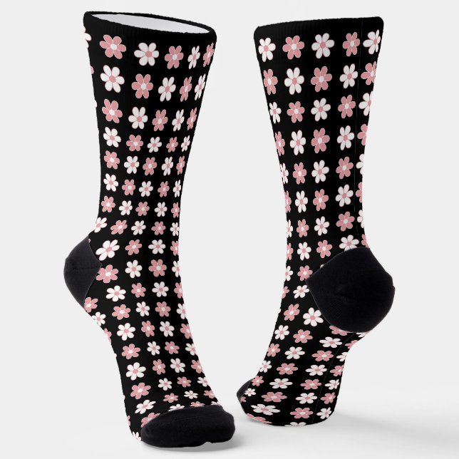 Chaussette Motif de fleurs roses et blanches sur fond noir (Angulaire)