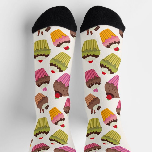 Chaussette Motif de gâteau, Motif de muffin, Chocolat, Coeurs (Haut)