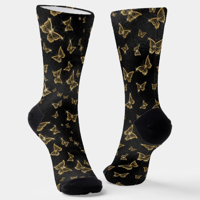 Chaussette Motif de glam or et papillons noirs (Angulaire)