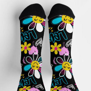 Chaussette Motif de graffiti de fleur smiley coloré