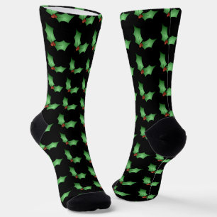 Chaussette Motif de houx de Noël sur fond noir