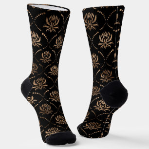 Chaussette Motif de luxe Lotus Flower - noir et or