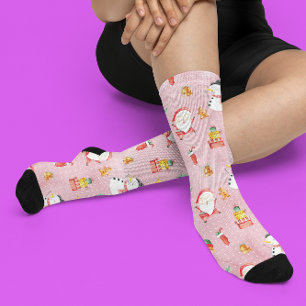 Chaussette Motif de Noël de bonhomme de neige rose festif