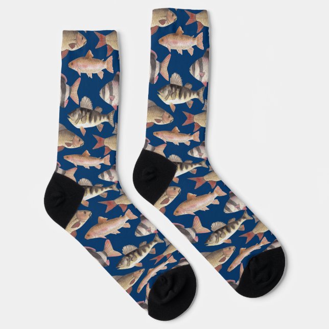 Chaussette Motif de poisson à l'aquarelle sur fond bleu foncé (Droite)