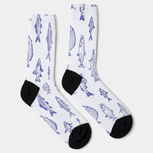 Chaussette Motif de poisson bleu sur fond blanc vers l'amont  (Droite)
