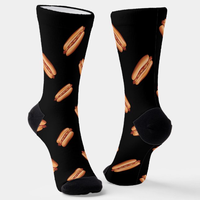 Chaussette Motif de restauration rapide Hot Dog sur fond noir (Angulaire)