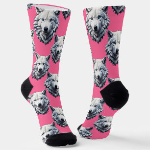 Chaussette Motif de tête de loup blanc design rose 