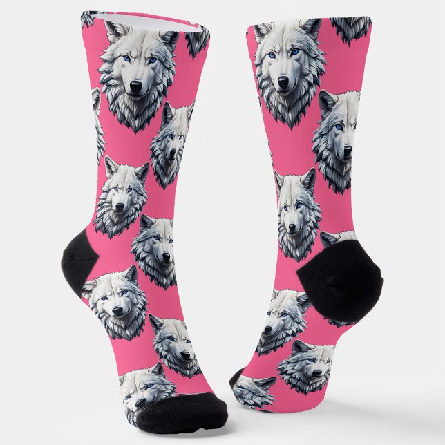 Chaussette Motif de tête de loup blanc design rose  (Créateur téléchargé)