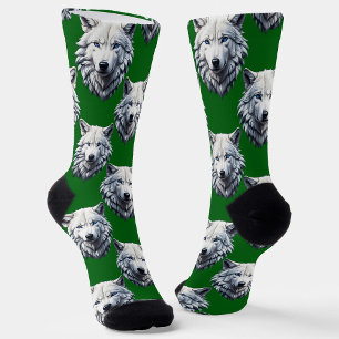 Chaussette Motif de tête de loup blanc design vert 