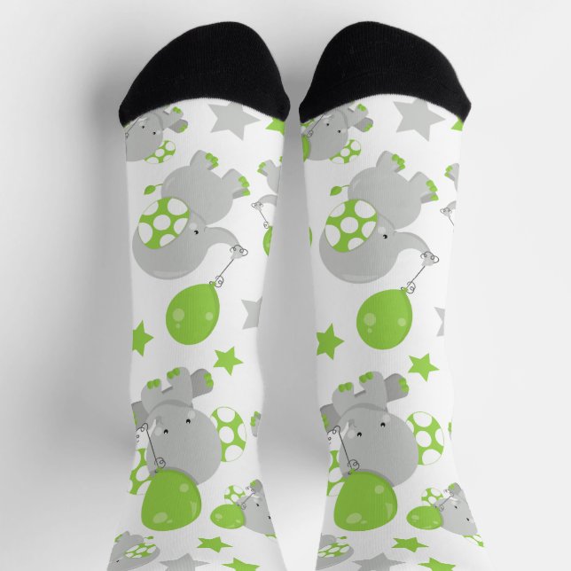 Chaussette Motif Des Eléphants, Eléphants Mignons - Grey Vert (Haut)