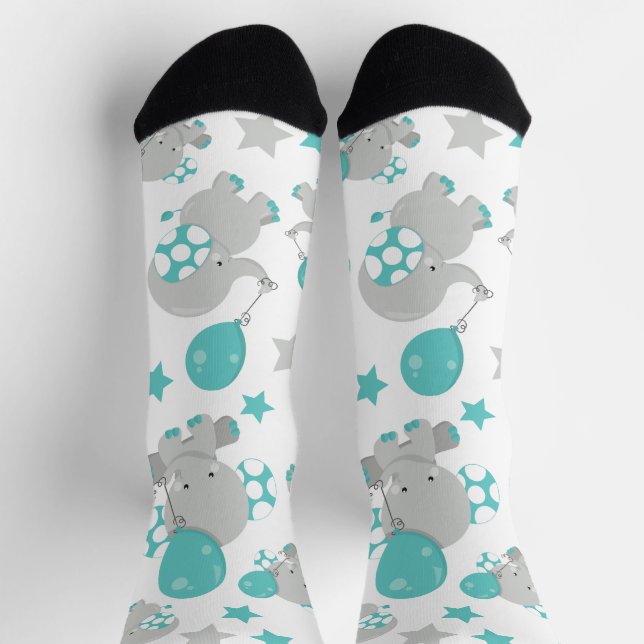 Chaussette Motif Des Eléphants, Eléphants Mignons - Gris Bleu (Haut)