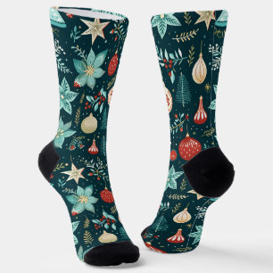 Chaussette Motif des ornements et fleurs de Noël rétro
