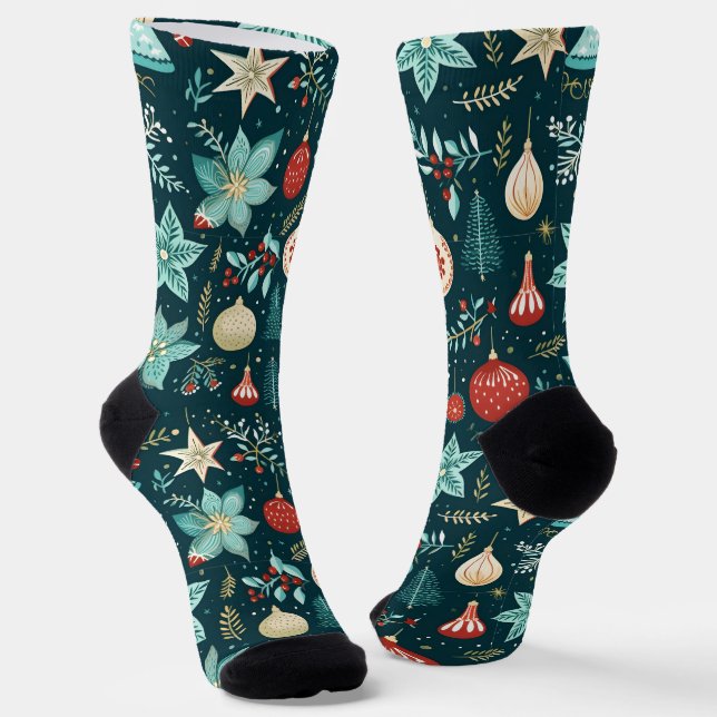 Chaussette Motif des ornements et fleurs de Noël rétro (Angulaire)