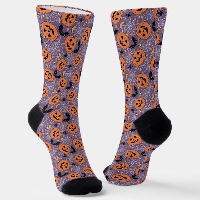 Chaussette Motif d'Halloween violet Jack-O-lanterne (Angulaire)