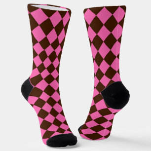 Chaussette Motif diamant à carreaux brun chocolat rose