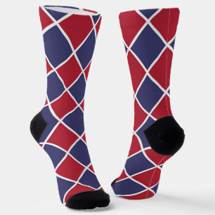 Chaussette Motif diamant à carreaux Harlequin rouge bleu blan