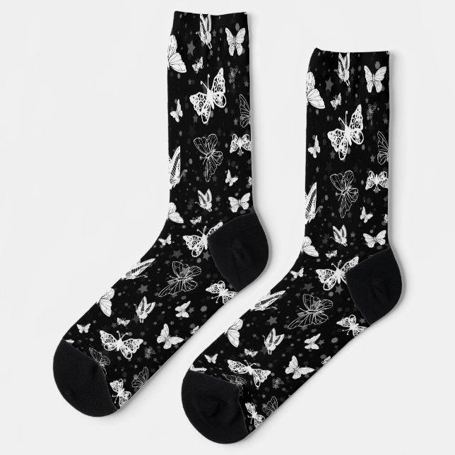 Chaussette Motif d'illustration noir blanc papillon (Gauche)