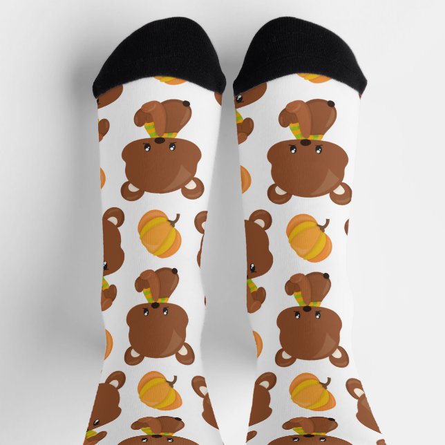 Chaussette Motif D'Ours, Ours Mignons, Automne, Citrouille (Haut)