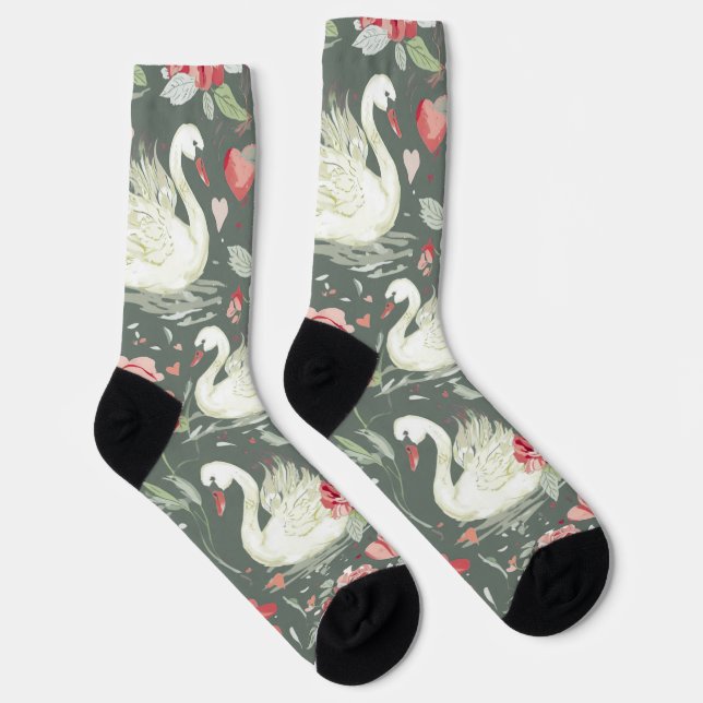 Chaussette Motif Éléments de Cygnes & Cœurs Élégants Rustique (Droite)