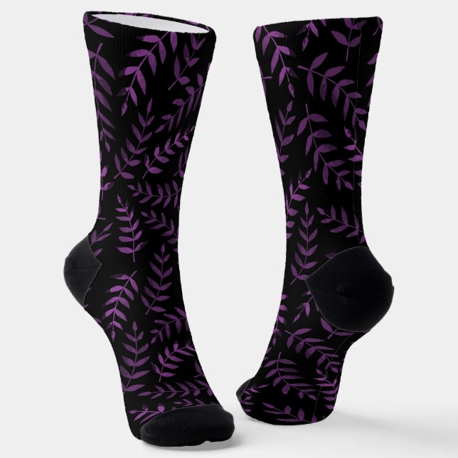 Chaussette Motif feuille violet sur chaussettes noires (Angulaire)
