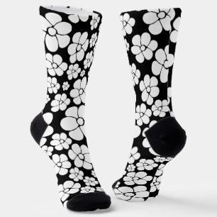 Chaussette Motif Fleur rétro en blanc sur noir