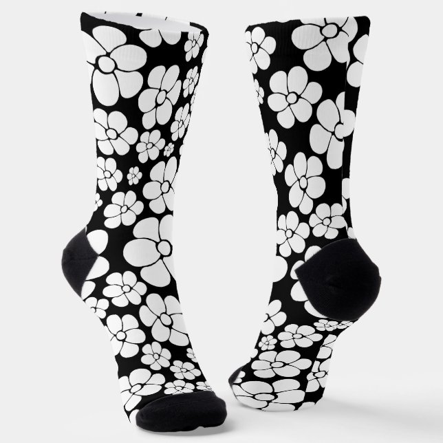 Chaussette Motif Fleur rétro en blanc sur noir (Angulaire)