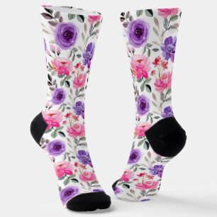 Chaussette Motif floral aquarelle vibrant en rose et violet