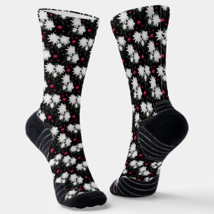 Chaussette Motif floral blanc élégant sur fond noir