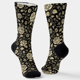 Chaussette Motif floral de rose dorée vintage sur fond noir