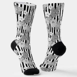 Chaussette Motif floral noir et blanc rétro rayé
