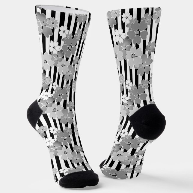 Chaussette Motif floral noir et blanc rétro rayé (Angulaire)
