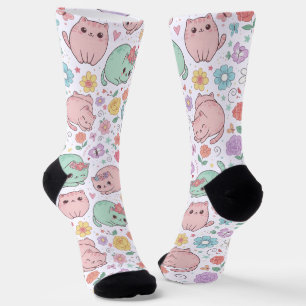 Chaussette Motif floral printanier et chat Kawaii pastel doux