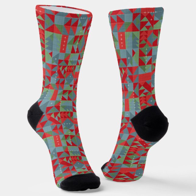 Chaussette Motif géométrique rouge, gris, vert. (Angulaire)