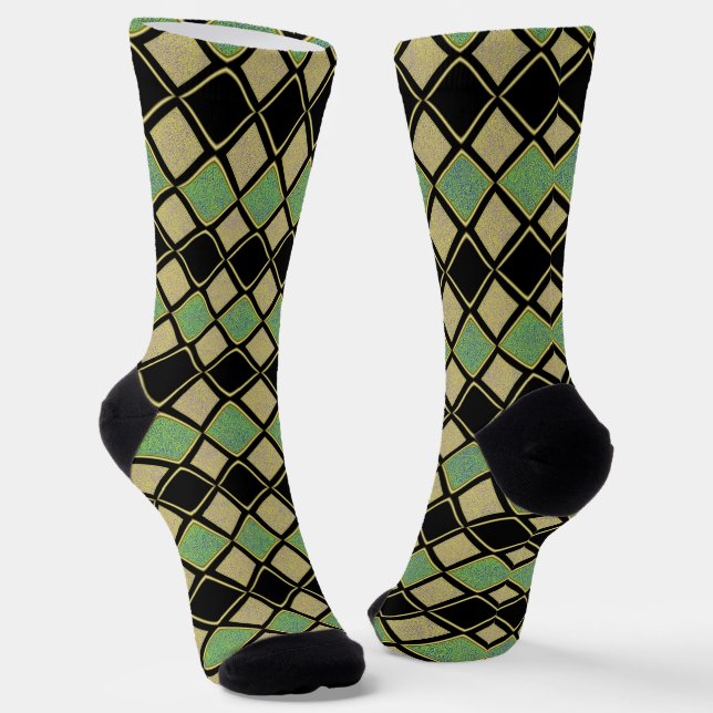 Chaussette Motif Harlequin en Or, Vert et Noir  (Angulaire)