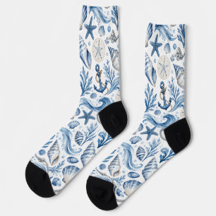 Chaussette Motif Nautique Côtier Bleu et Blanc