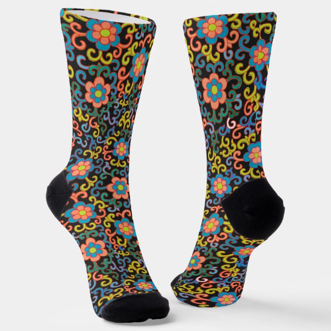 Chaussette Motif noir chic avec fleurs colorées  (Angulaire)