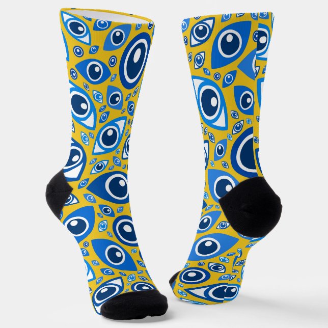 Chaussette motif Œil Grec mauvais sur fond jaune et bleu (Angulaire)