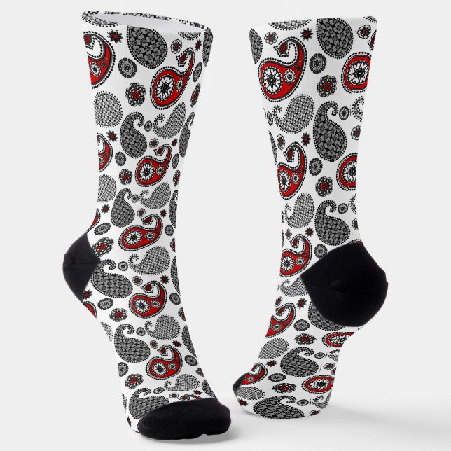Chaussette Motif Paisley, Noir, Blanc et Rouge (Angulaire)