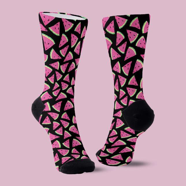 Chaussette Motif Pastèque Rose (Fun watermelon pattern fruity summer socks on black background. Other colors & products available.)