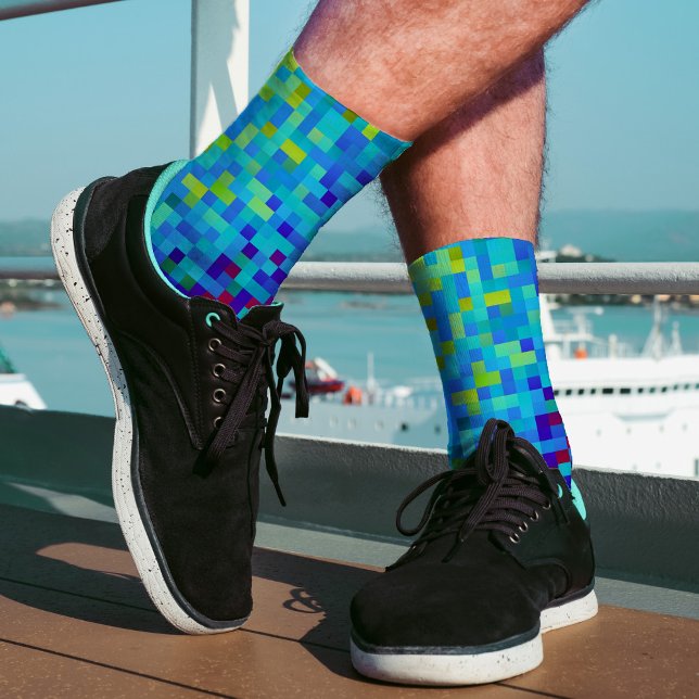 Chaussette motif Pixel 8 bits Abstrait Cool Geeky Blue Red (Créateur téléchargé)