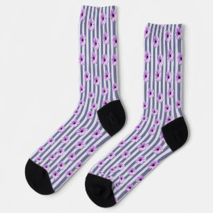 Chaussette motif rayé avec des pâquerettes violettes