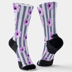 Chaussette motif rayé avec marguerites violettes